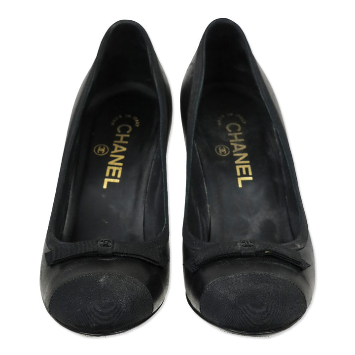 Chanel Black Soft Leather Grosgrain Cap Toe Bow Pump