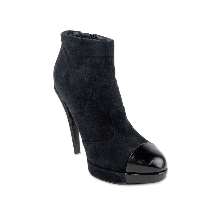 Chanel Black Suede Cap Toe Heeled Ankle Boots