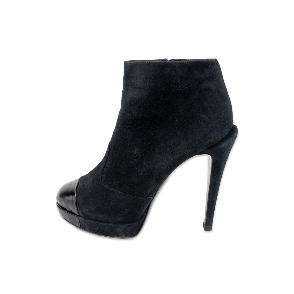 Chanel Black Suede Cap Toe Heeled Ankle Boots