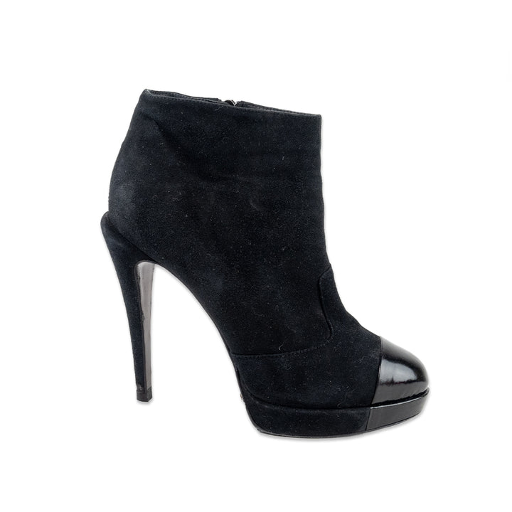 Chanel Black Suede Cap Toe Heeled Ankle Boots