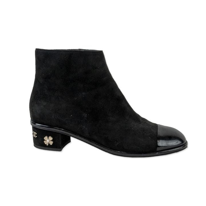 Chanel Black Suede Cap Toe Ankle Boots with Embellished Heel