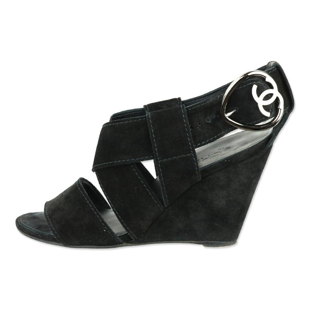 Chanel Black Suede Heart CC Buckle Wedge Sandals