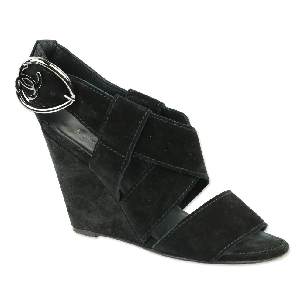Chanel Black Suede Heart CC Buckle Wedge Sandals