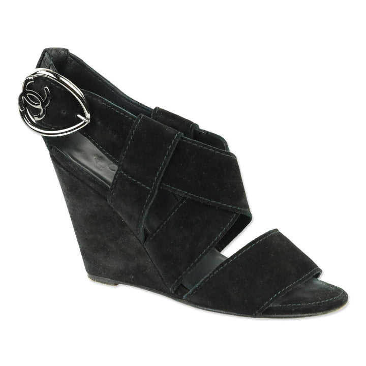 Chanel Black Suede Heart CC Buckle Wedge Sandals