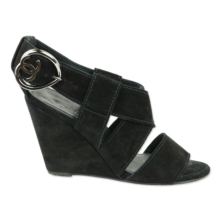 Chanel Black Suede Heart CC Buckle Wedge Sandals