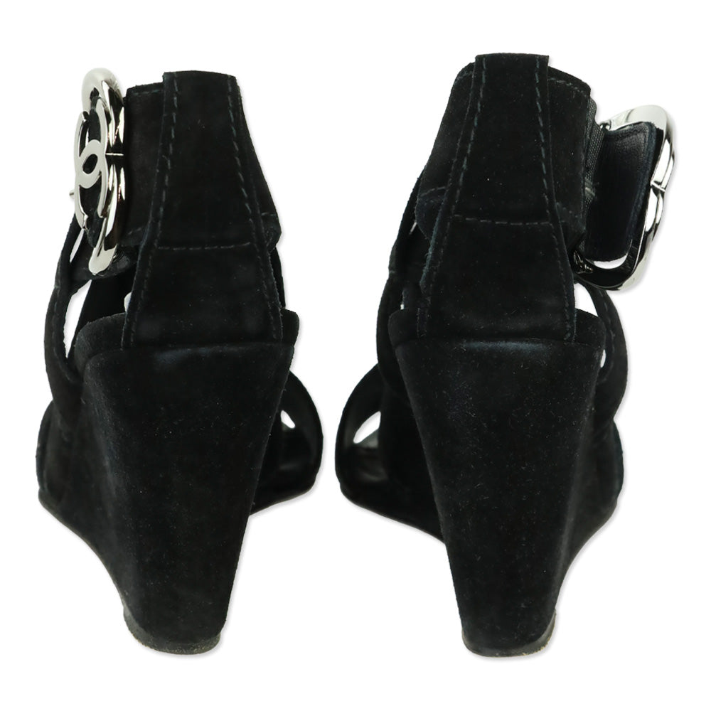 Chanel Black Suede Heart CC Buckle Wedge Sandals
