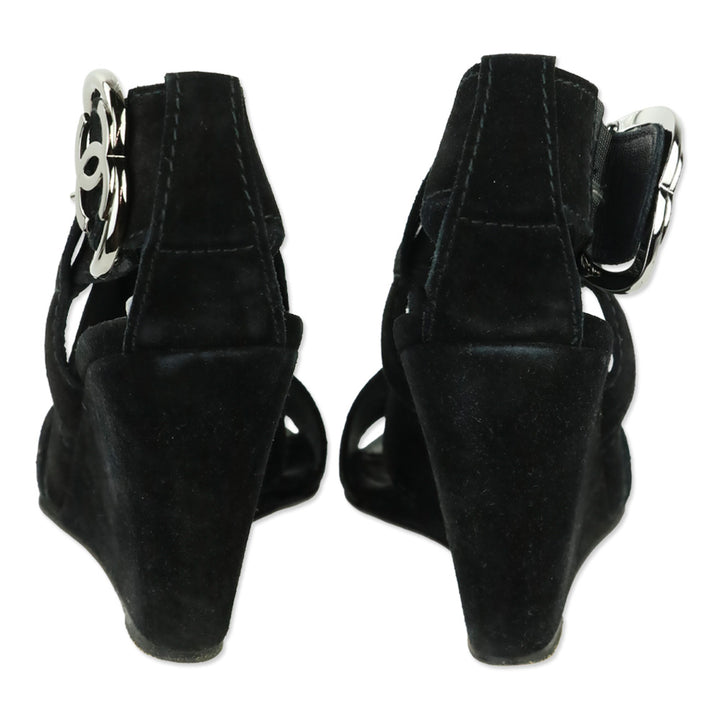 Chanel Black Suede Heart CC Buckle Wedge Sandals