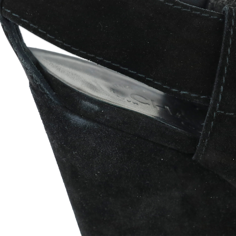 Chanel Black Suede Heart CC Buckle Wedge Sandals