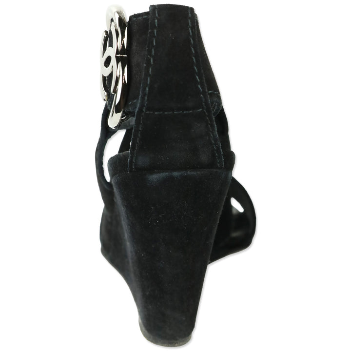 Chanel Black Suede Heart CC Buckle Wedge Sandals