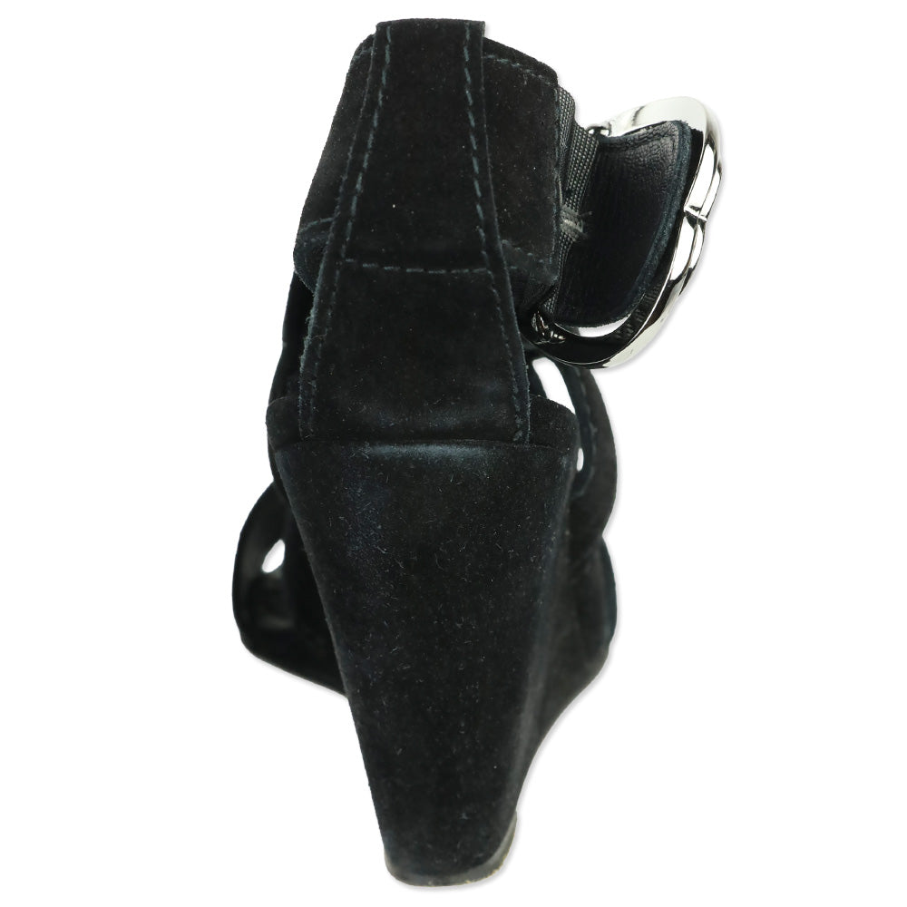 Chanel Black Suede Heart CC Buckle Wedge Sandals