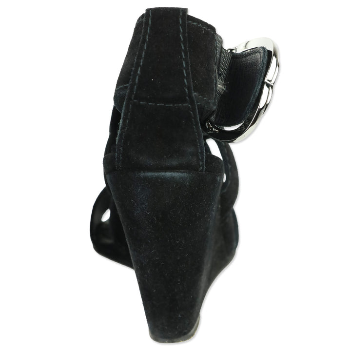 Chanel Black Suede Heart CC Buckle Wedge Sandals