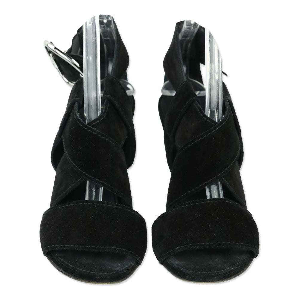 Chanel Black Suede Heart CC Buckle Wedge Sandals
