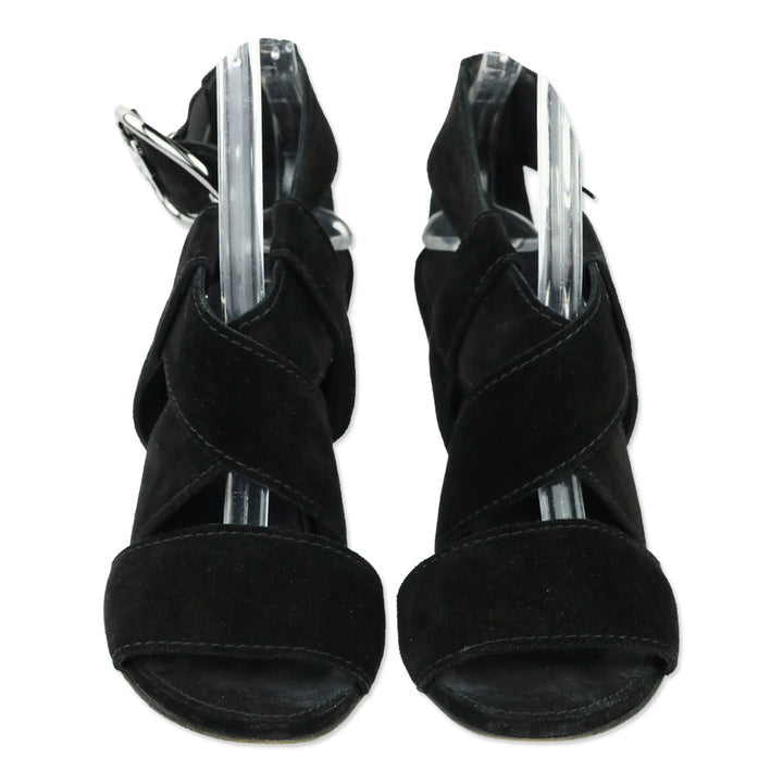Chanel Black Suede Heart CC Buckle Wedge Sandals