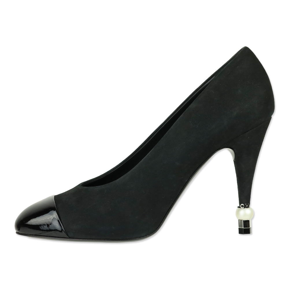 Chanel Black Suede Patent Cap Toe Pearl Tip Heeled Pumps