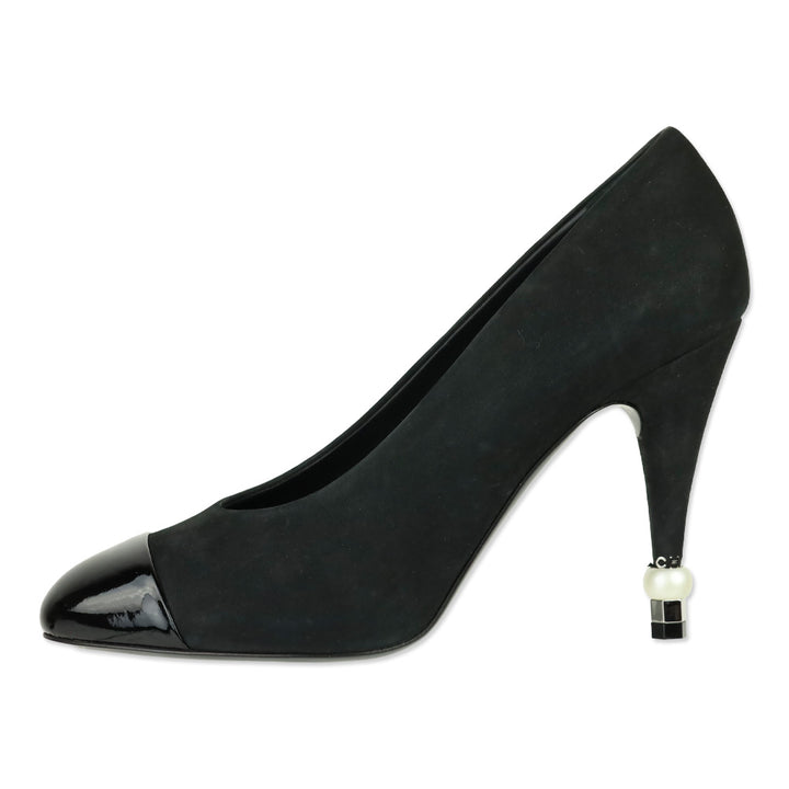 Chanel Black Suede Patent Cap Toe Pearl Tip Heeled Pumps