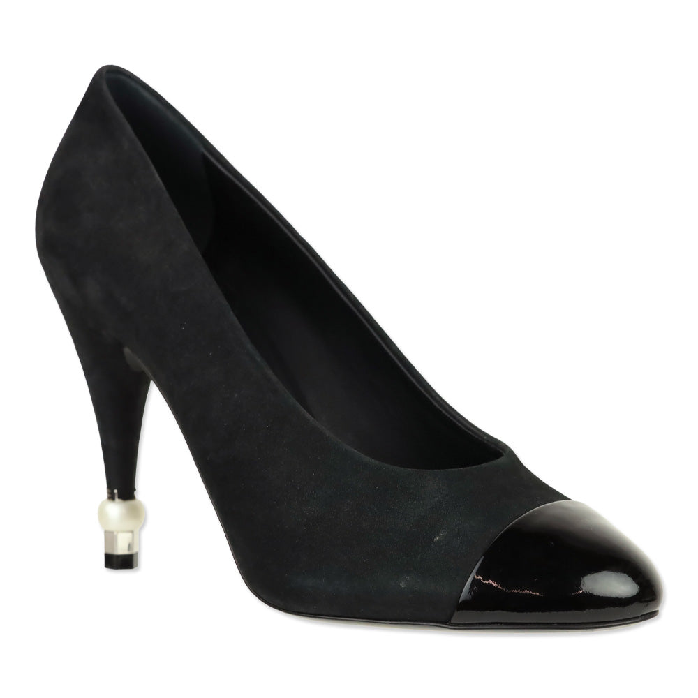 Chanel Black Suede Patent Cap Toe Pearl Tip Heeled Pumps
