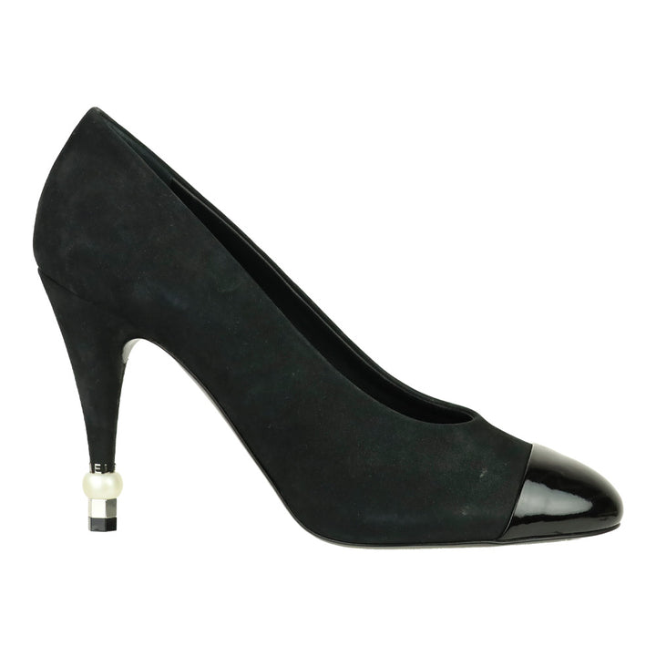 Chanel Black Suede Patent Cap Toe Pearl Tip Heeled Pumps
