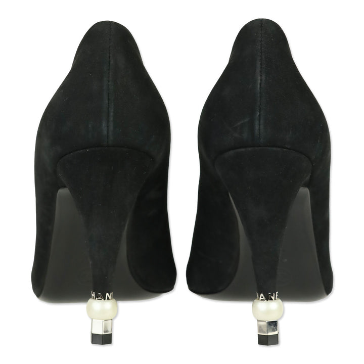 Chanel Black Suede Patent Cap Toe Pearl Tip Heeled Pumps