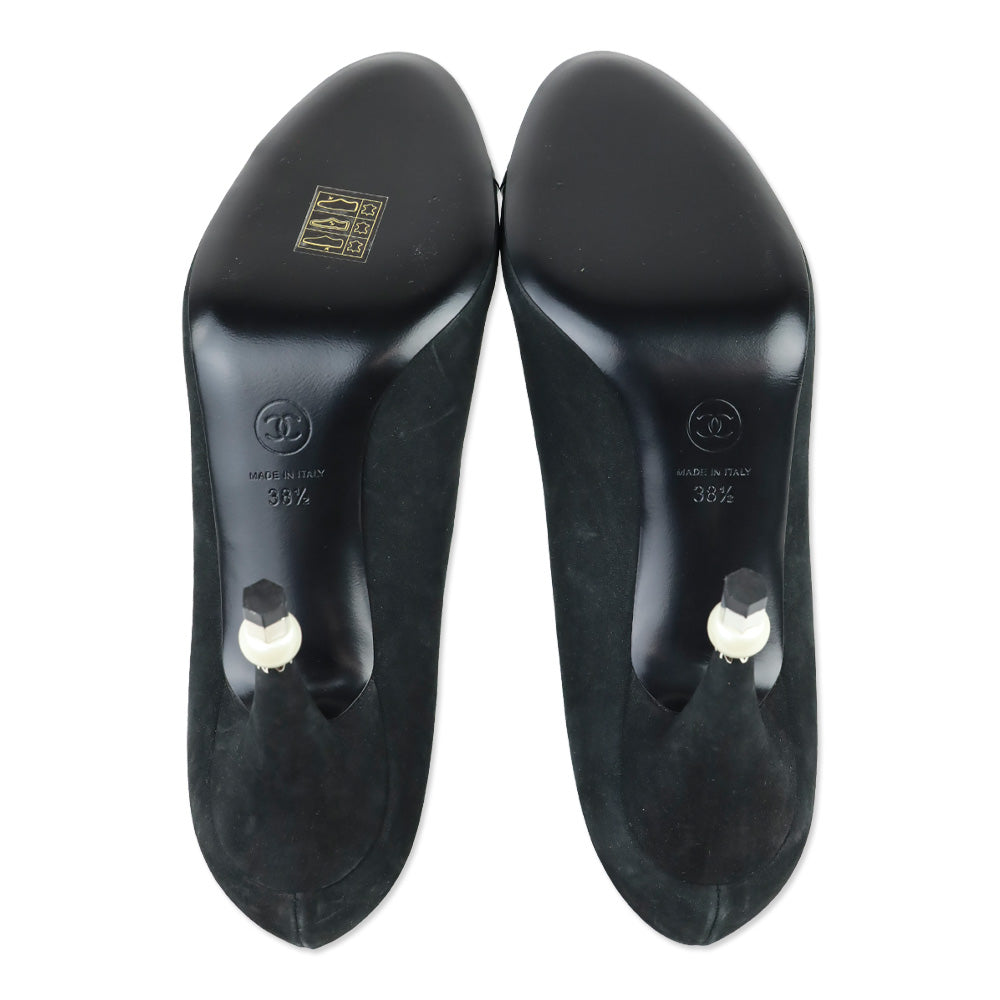 Chanel Black Suede Patent Cap Toe Pearl Tip Heeled Pumps