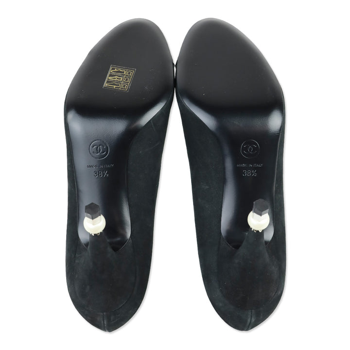 Chanel Black Suede Patent Cap Toe Pearl Tip Heeled Pumps