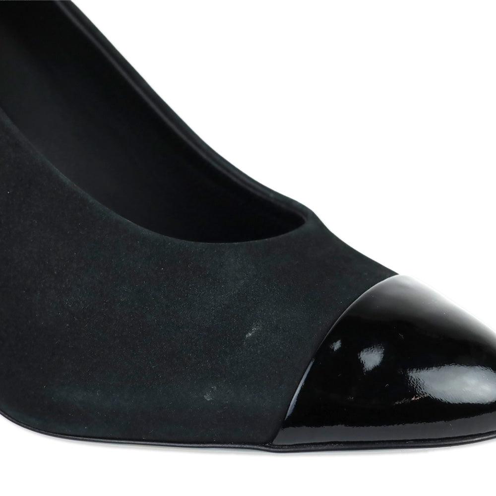 Chanel Black Suede Patent Cap Toe Pearl Tip Heeled Pumps