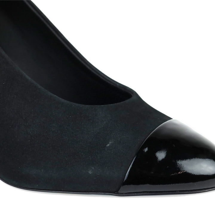 Chanel Black Suede Patent Cap Toe Pearl Tip Heeled Pumps