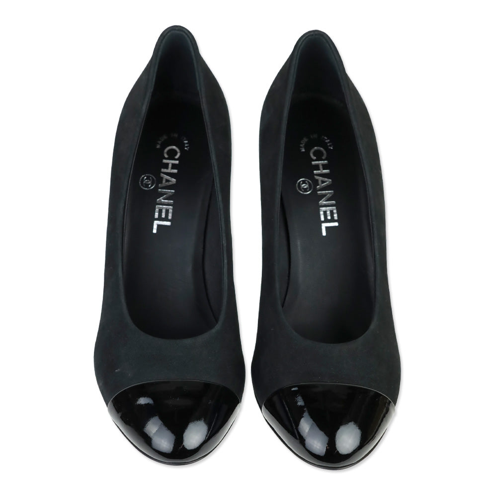 Chanel Black Suede Patent Cap Toe Pearl Tip Heeled Pumps
