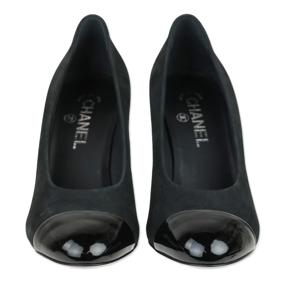 Chanel Black Suede Patent Cap Toe Pearl Tip Heeled Pumps