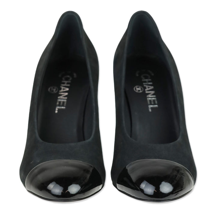 Chanel Black Suede Patent Cap Toe Pearl Tip Heeled Pumps