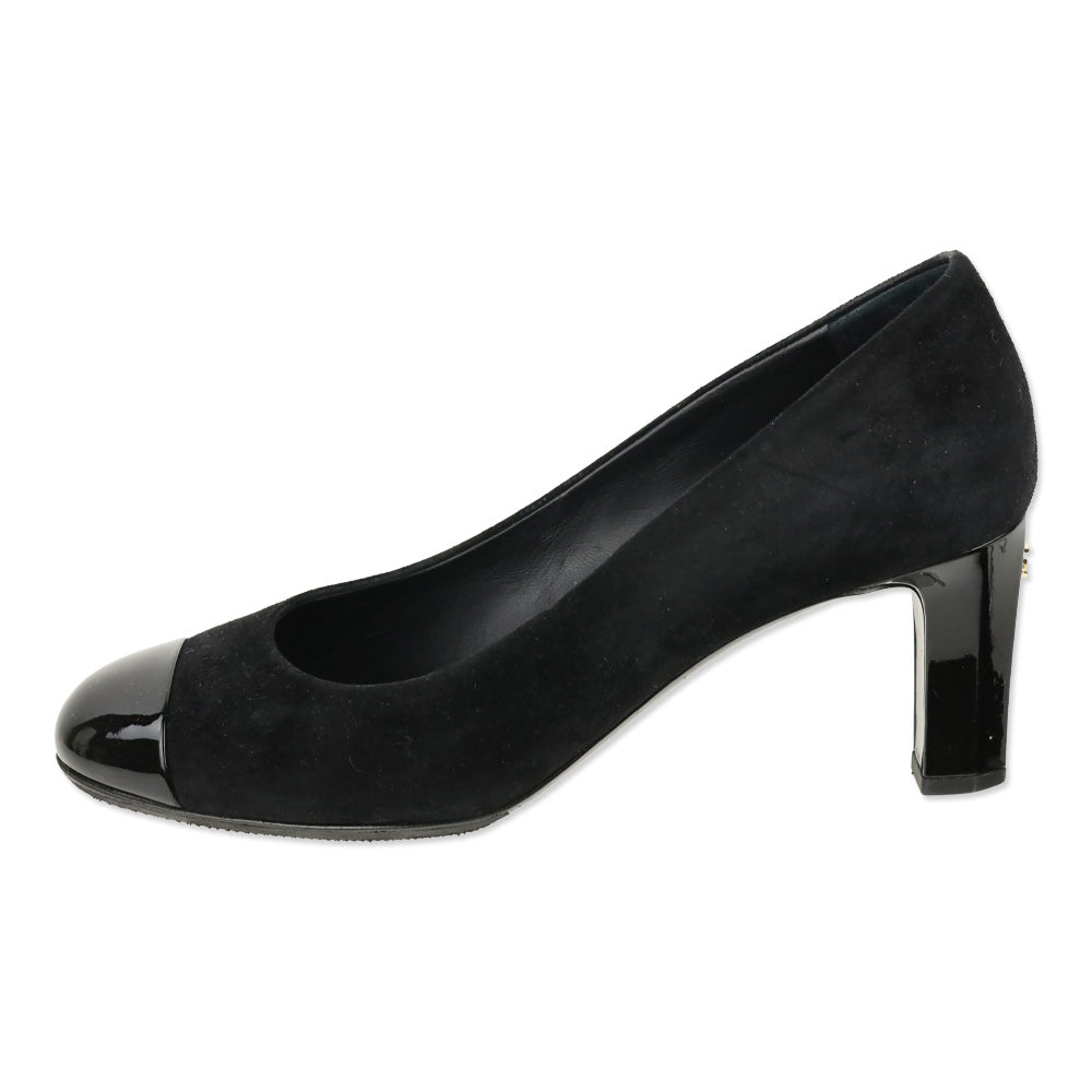 Chanel Black Suede Patent Cap Toe Pumps