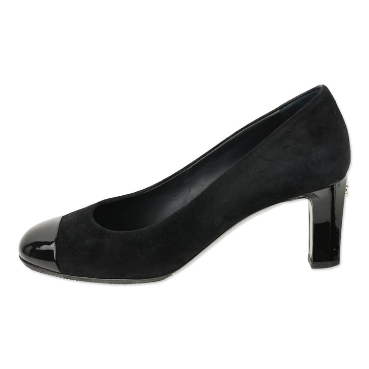 Chanel Black Suede Patent Cap Toe Pumps