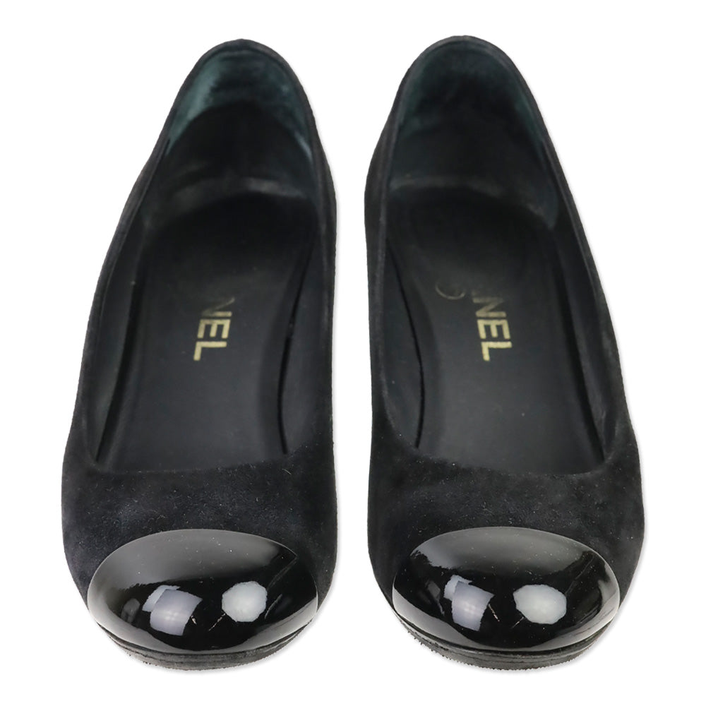 Chanel Black Suede Patent Cap Toe Pumps