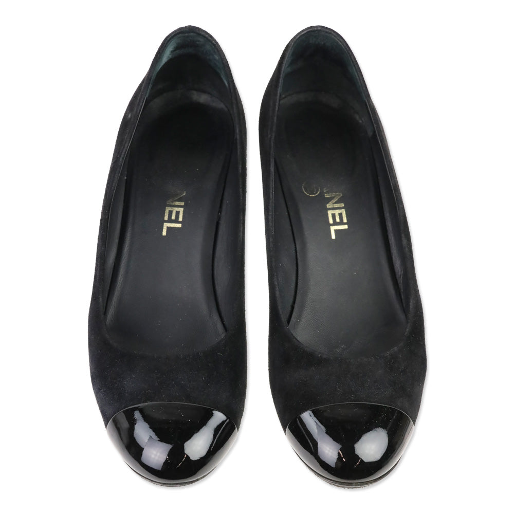 Chanel Black Suede Patent Cap Toe Pumps