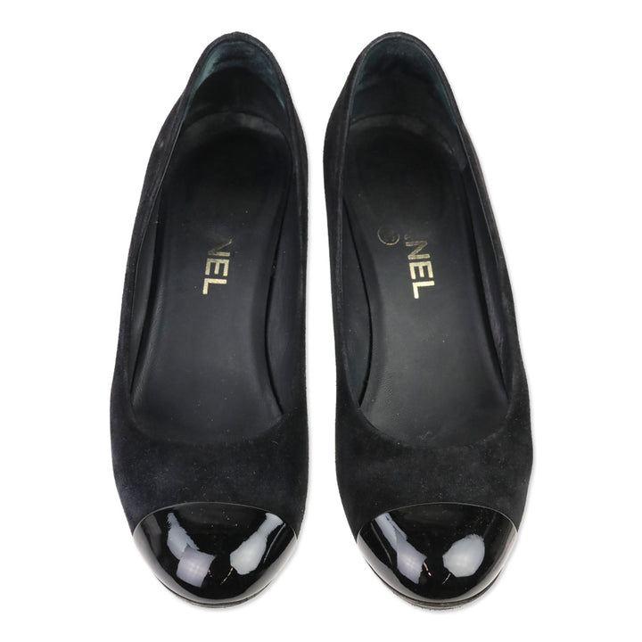 Chanel Black Suede Patent Cap Toe Pumps