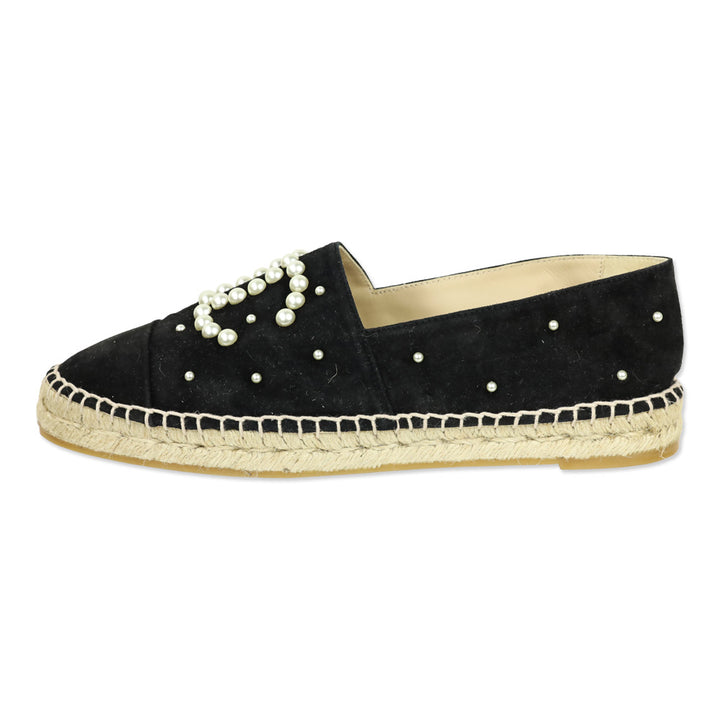 Chanel Black Suede Pearl CC Espadrilles
