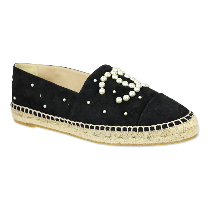 Chanel Black Suede Pearl CC Espadrilles
