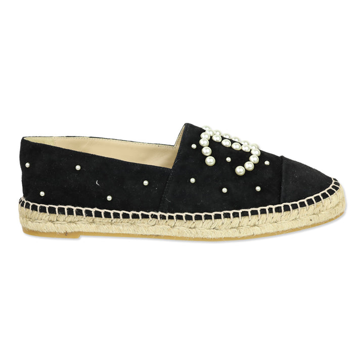 Chanel Black Suede Pearl CC Espadrilles