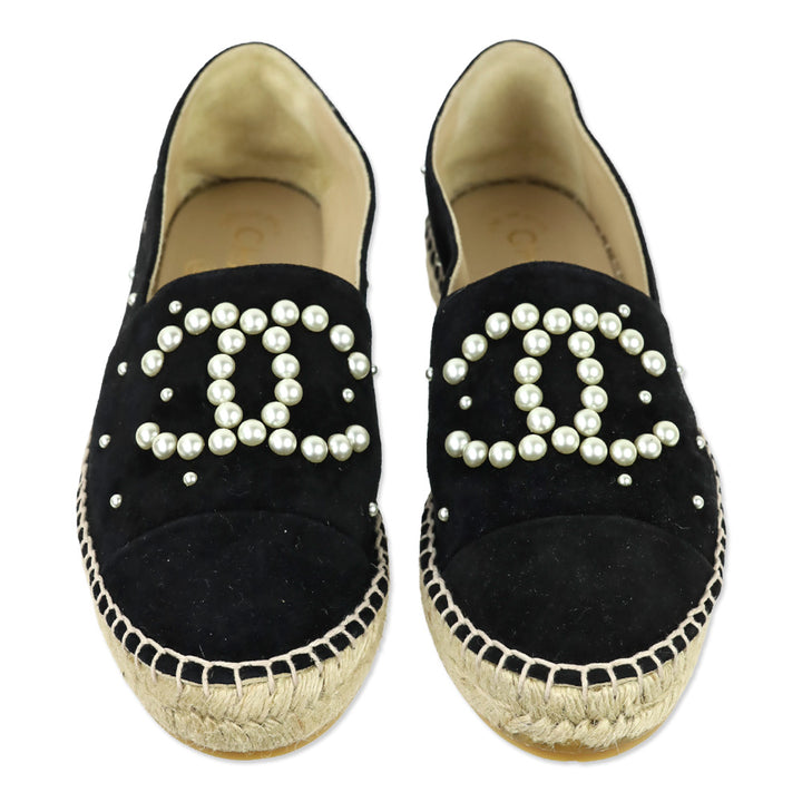 Chanel Black Suede Pearl CC Espadrilles