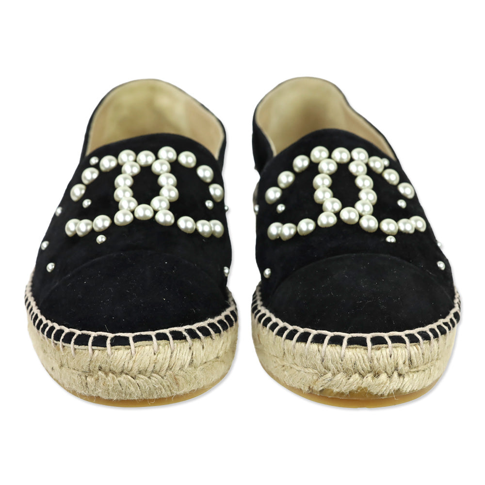 Chanel Black Suede Pearl CC Espadrilles