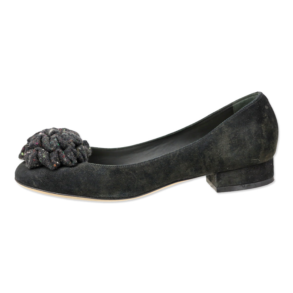 Chanel Black Suede Tweed Ruffle Flower Pump