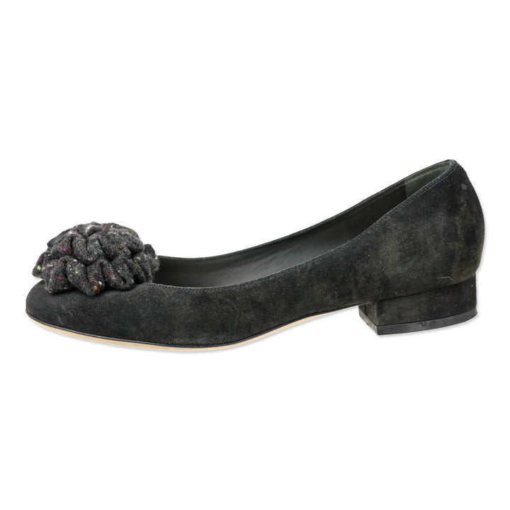 Chanel Black Suede Tweed Ruffle Flower Pump