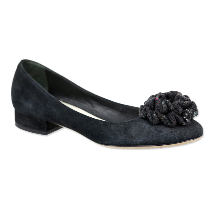 Chanel Black Suede Tweed Ruffle Flower Pump