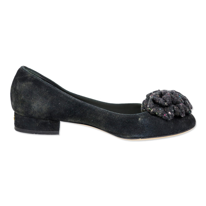 Chanel Black Suede Tweed Ruffle Flower Pump