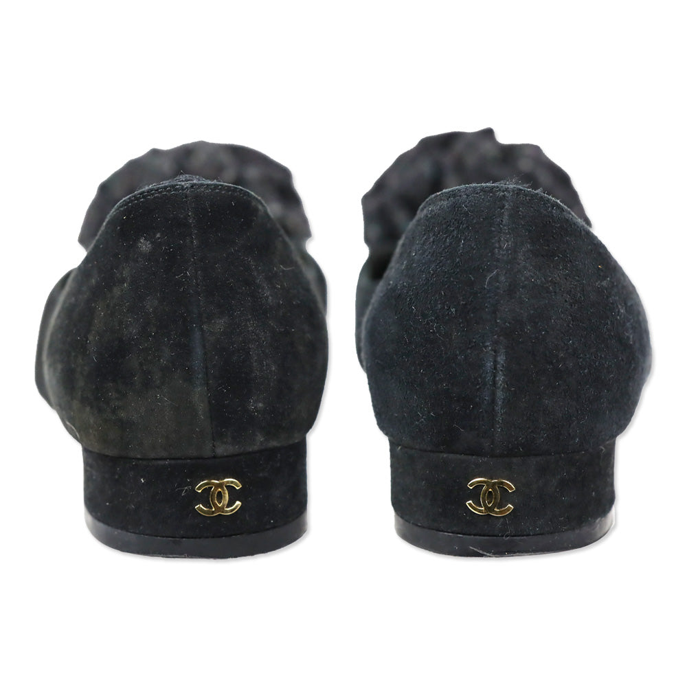 Chanel Black Suede Tweed Ruffle Flower Pump