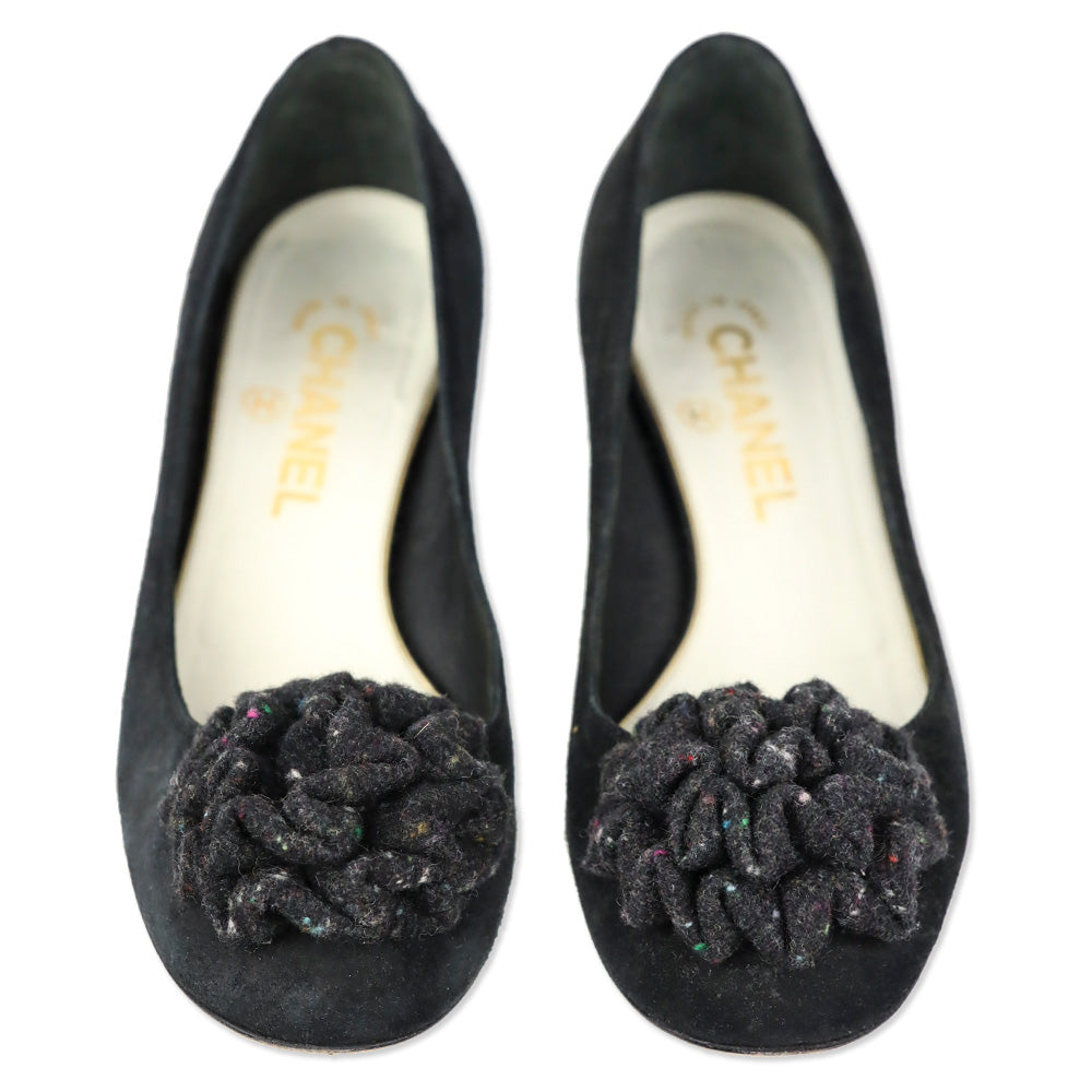 Chanel Black Suede Tweed Ruffle Flower Pump