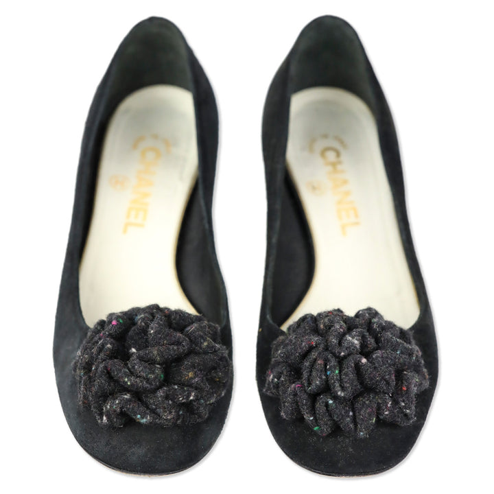 Chanel Black Suede Tweed Ruffle Flower Pump