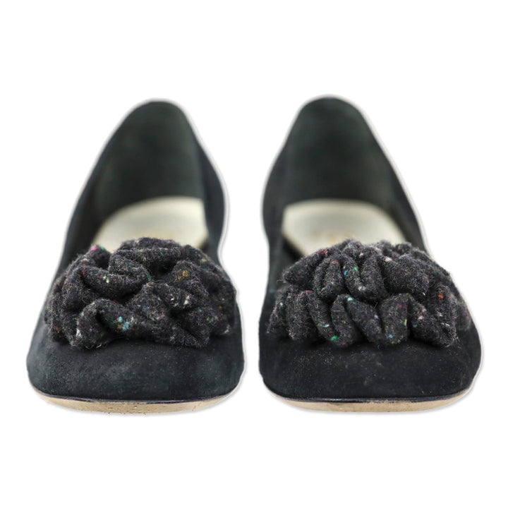 Chanel Black Suede Tweed Ruffle Flower Pump