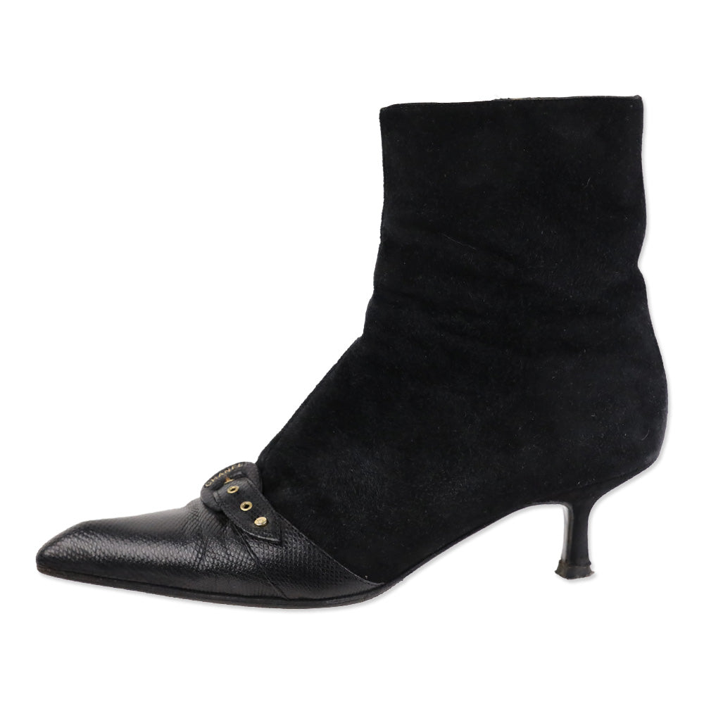 Chanel Black Suede and Lizard Buckle Cap-Toe Kitten Heel Ankle Booties