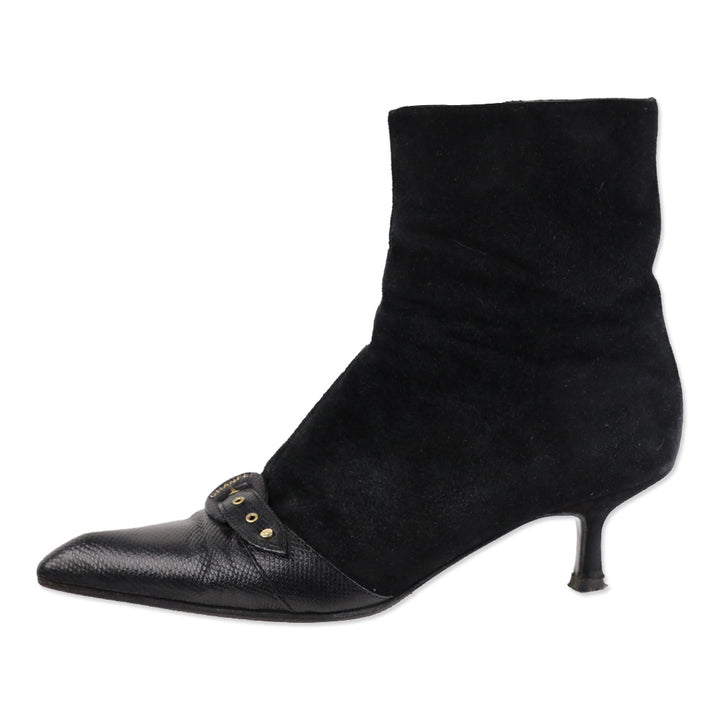 Chanel Black Suede and Lizard Buckle Cap-Toe Kitten Heel Ankle Booties
