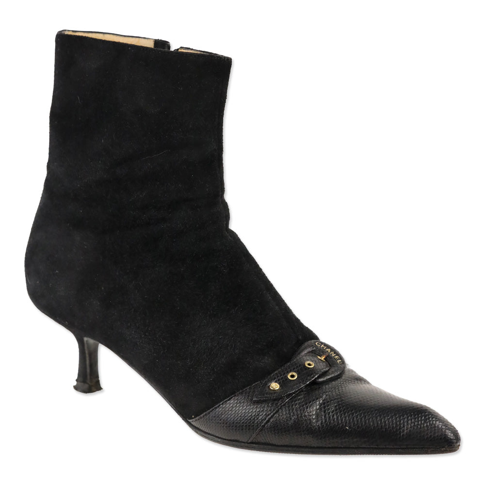 Chanel Black Suede and Lizard Buckle Cap-Toe Kitten Heel Ankle Booties